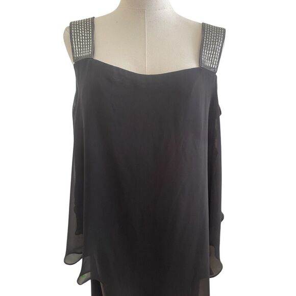 Roz & Ali Plus Size Black Chiffon Rhinestone Strap Ladder Sleeve Party Dress Siz - Picture 2 of 7